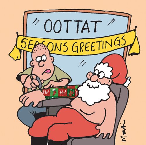Santa getting a Xmas wrapper design tattoo.