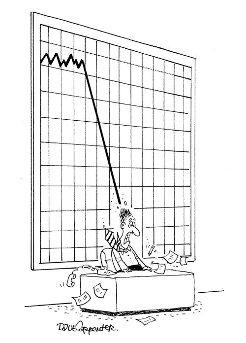 Sales chart plummets into employees head.
