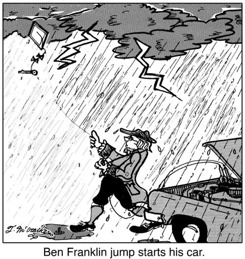 Ben Franklin jump starts his car.