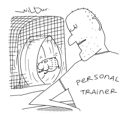 Hamster in a wheel with a personal trainer.