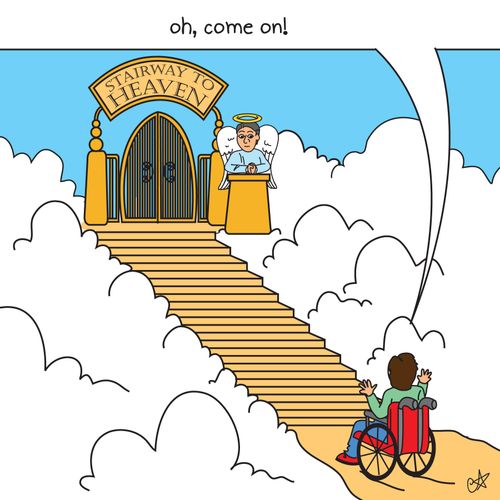 Stairway to heaven with man in wheelchair at bottom.