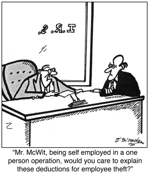 'Mr. McWit, being self employed in a one person operation, would you care to explain these deductions for employee theft?'