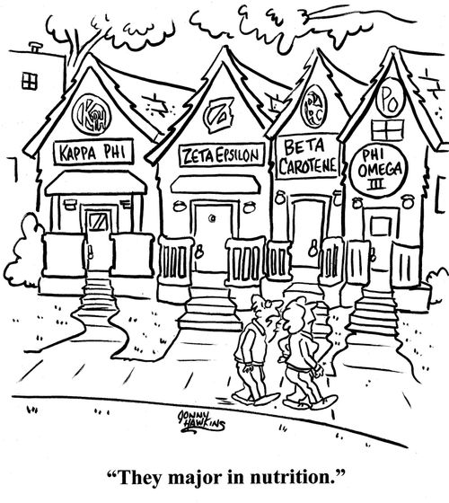 Man sees college fraternity houses 'Kappa Phi', 'Aeta Epsalon' and then 'Beta Carotene', says, 'They major in nutrition.'