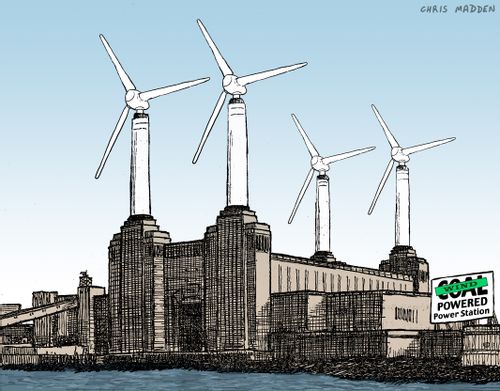 Wind-generated power. Wind turbines attached to Battersea Power Station's iconic chimneys