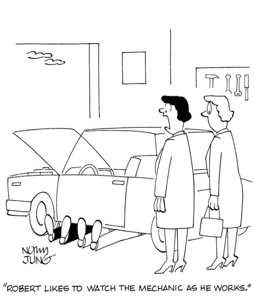 'Robert likes to watch the mechanic as he works.'