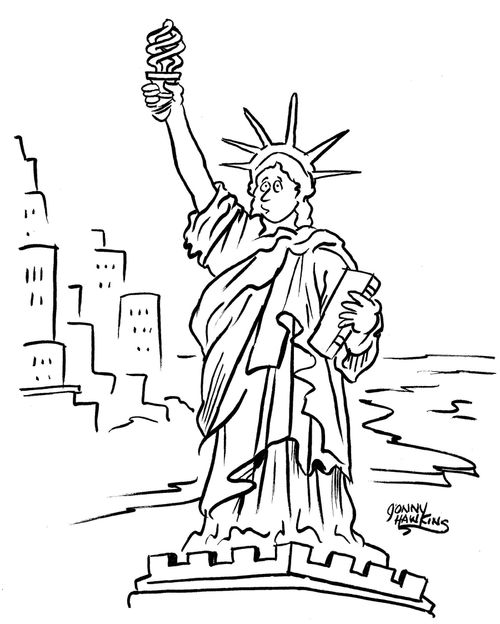 Statue of Liberty holding energy saving light bulb.