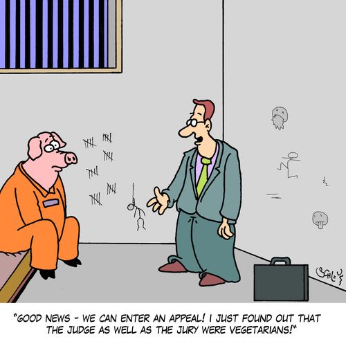 'Good news - we can enter an appeal! I just found out that the judge as well as the jury were vegetarians!'