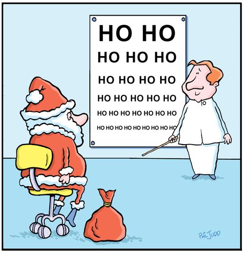 Santa Claus doing eye test, The chart has 'HO HO' on  it instead of letters,