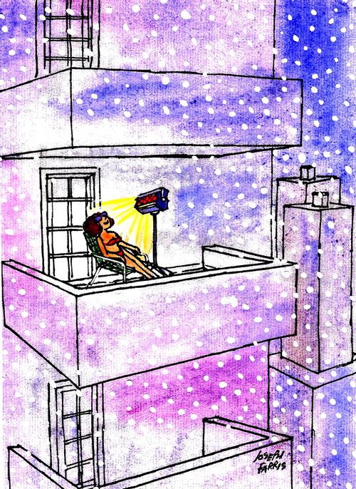 Woman sunbathing on snowy balcony under sunlamp.