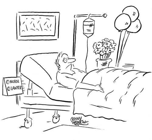Man in hospital bed has two buttons: 1) Nurse 2) Lawyer