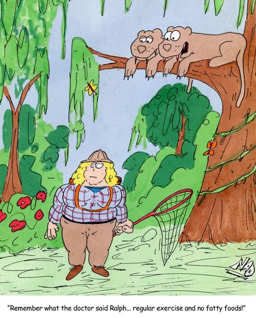 A large lady is exploring the jungle as two cougars watch on - 'Remember what the doctor said Ralph... regular exercise and no fatty foods!'