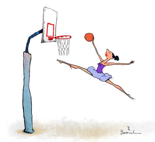 Art and Sport: Ballerina playing basketball.
