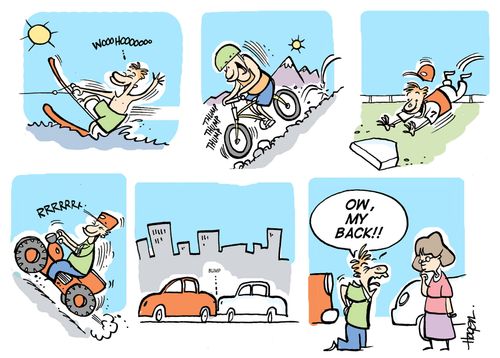 A fellow participating in many activities and everything is fine until someone bumps his car and then his back hurts,