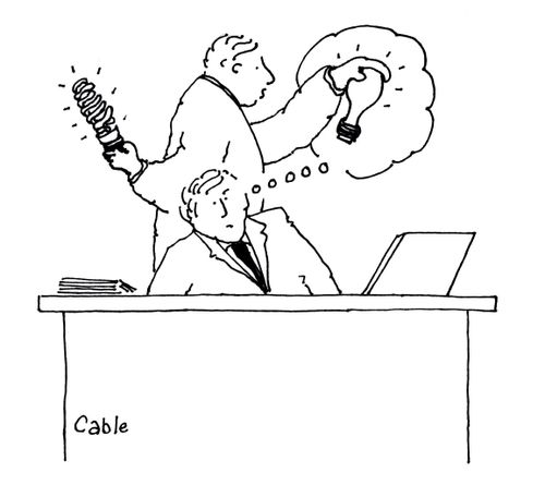 Man at desk with a bright idea.  Bright idea is shown as light bulb.  Other man in background is replacing the light bulb with new energy-efficient light bulb.