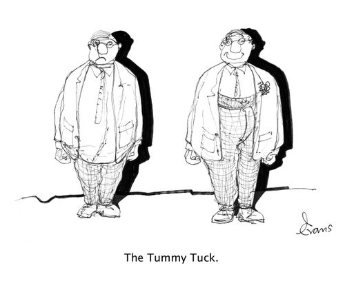 Two men, one with his abdomen outside his trousers, the other with it inside. 'The Tummy Tuck.'