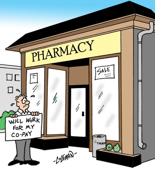 Man outside drug store holding sign saying 'Will work for my co-pay.'