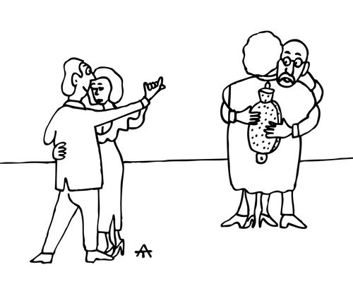 Woman dancing with a hot water bottle.