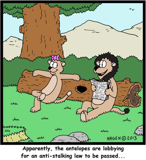 'Apparently, the antelopes are lobbying for an anti-stalking law to be passed...'