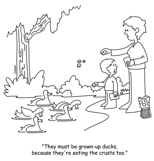 "They must be grown-up ducks, because they're eating the crusts too."