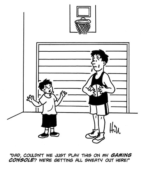 "Dad, couldn't we just play this on my gaming console? We're getting all sweaty out here!"