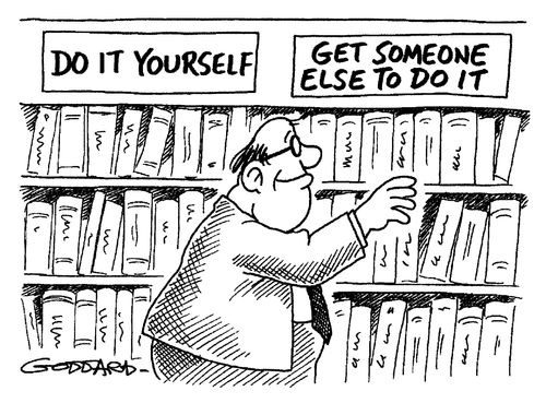 Man searching for book in sections entitled 'Do it yourself' and 'Get someone else to do it.'