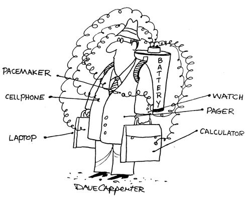 Battery Powered Businessman with Pacemaker/cellphone/laptop/watch/pager/calculator.
