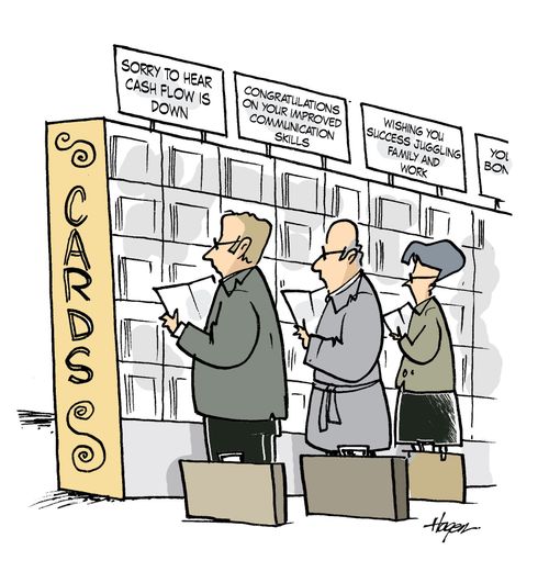 Business people buying greeting cards.