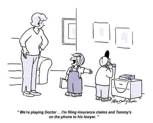 'We're playing Doctor.. I'm filing for insurance claims, and Tommy's on the phone to his lawyer.'