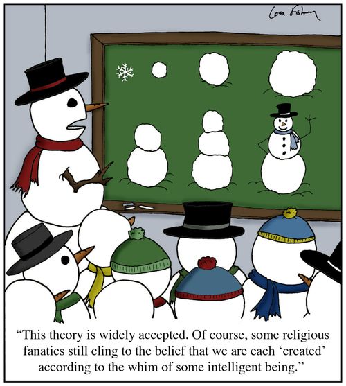 'This theory is widely accepted. Of course, some religious fanatics still cling to the belief that we are each 'created' according to the whim of some intelligent being.'