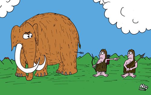 Caveman shoots mammoth with arrow and blames his mate with the spear.