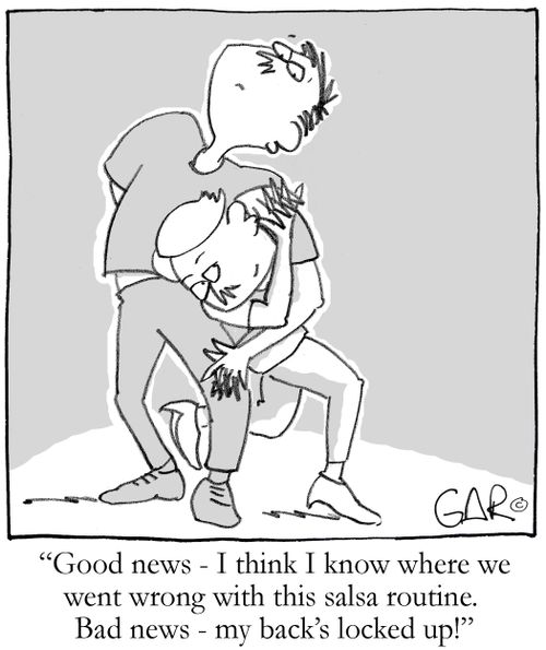 "I think I know where we went wrong with this salsa routine...bad news, my back's locked up!"