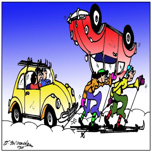 A car with skies on its roof and behind it two cross country skiers carrying a car on their backs.