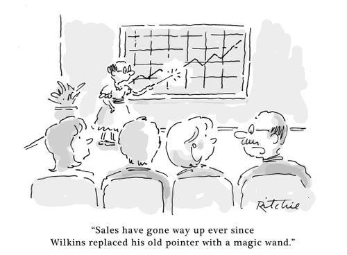 'Sales have gone way up ever since Wilkins replaced his old pointer with a magic wand.'