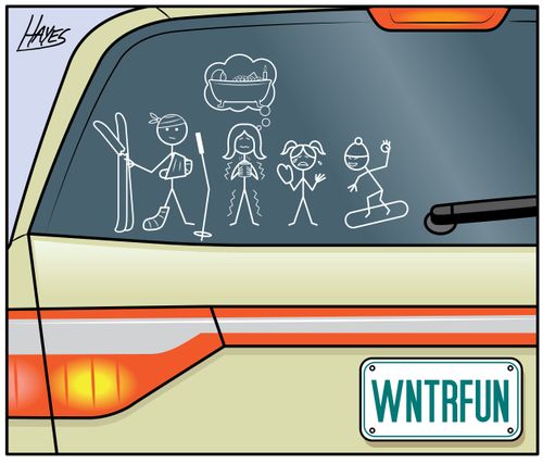 Winter sports family stickers on minivan window