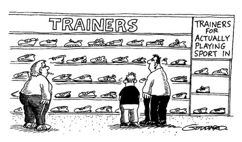 Customers looking to buy shoes in the 'Trainers' section. Right next to them, a smaller section entitled 'Trainers for actually playing sport in.'
