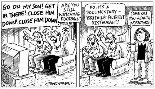 Men watching TV, shouting close him down.