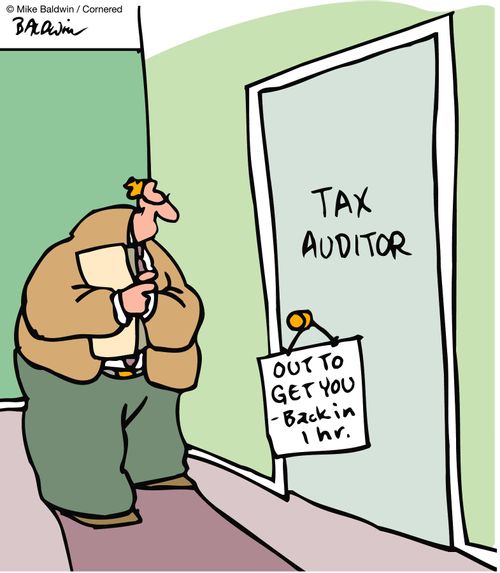 Tax Auditor door sign / Out to get you ? back in one hour.