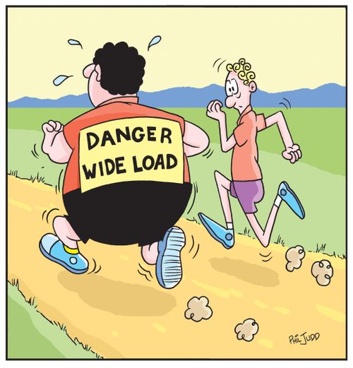 Two men are jogging. One is noticing 'Danger Wide Load' sign on back of other.