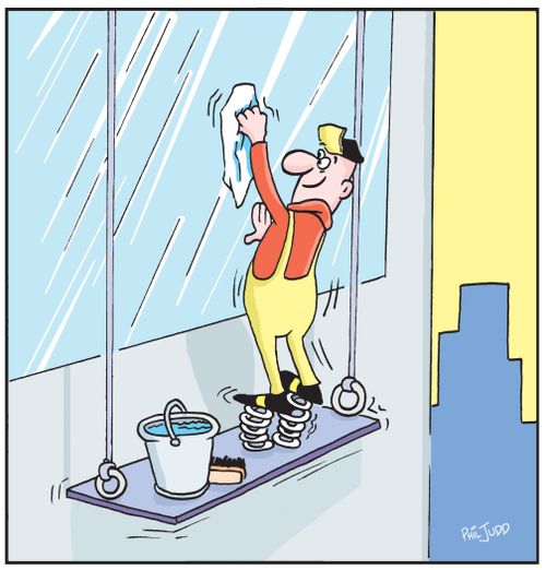 Window washer with springs on his feet.