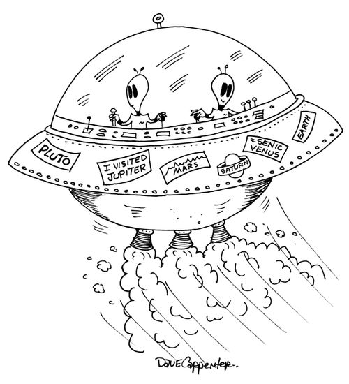 Aliens are flying a UFO with bumper stickers from different planets