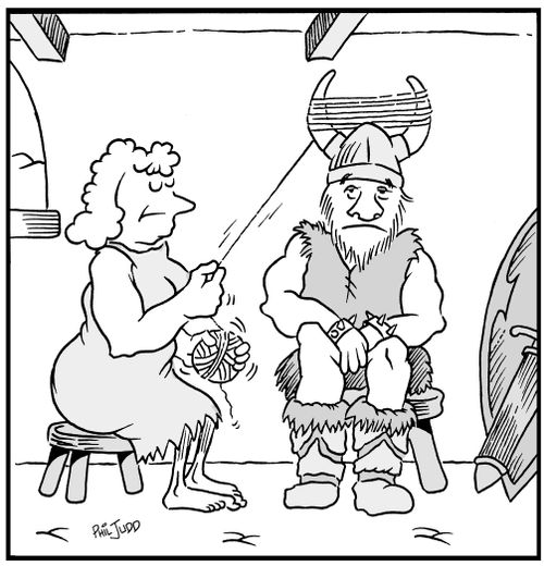 Viking sitting patiently while his wife winds her wool on his helmets horns to sort it out.