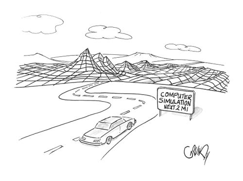 Driver sees computer grid replacing landscape ahead.  Road sign reads: 'Computer Simulation Next 2 Miles.'