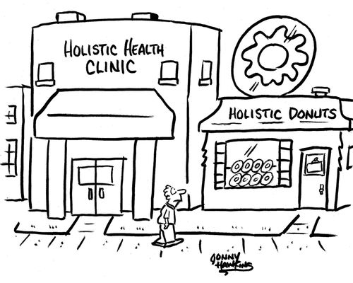Man passes Holistic Health Clinic and sees Holistic Donuts.