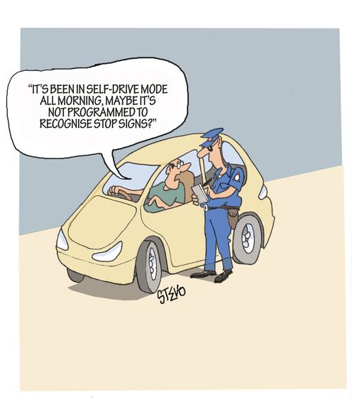 "It's been in self-drive mode all morning, maybe it's not programmed to recognise stop signs?"