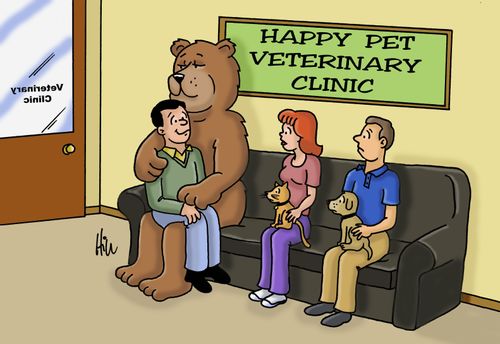 Man On Bear's Lap In Vet Clinic