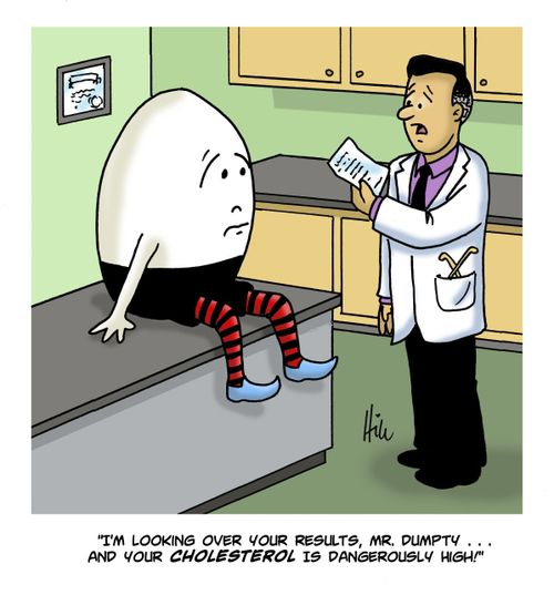 "I'm looking at your results, Mr. Dumpty...and your cholesterol is dangerously high!"