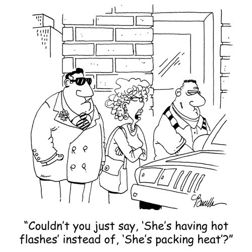 'Couldn't you just say, 'She's having hot flashes' instead of, 'She's packing heat'?'