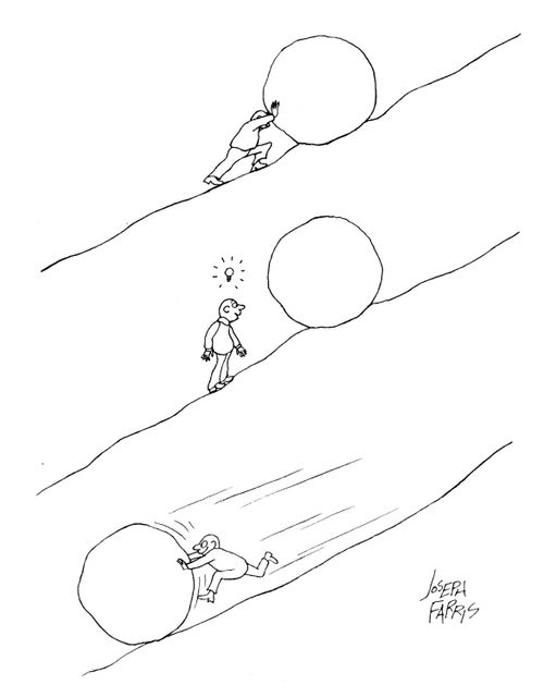 Man rolling ball up a hill