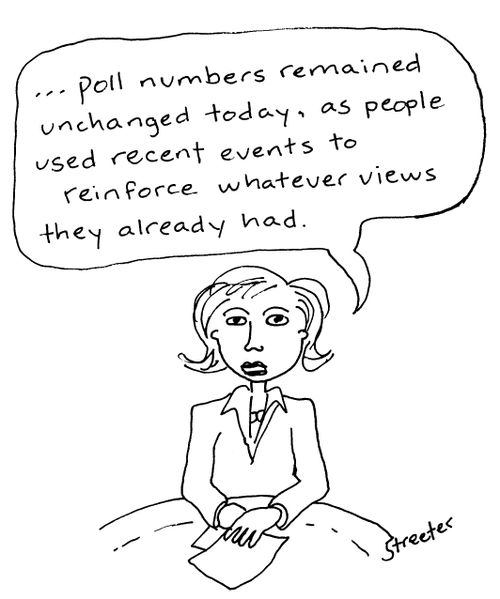 "Poll numbers remained unchanged today, as people used recent events to reinforce whatever views they already had."