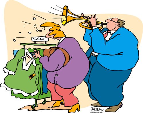 Someone blowing a trumpet in someone else ear inside a shop